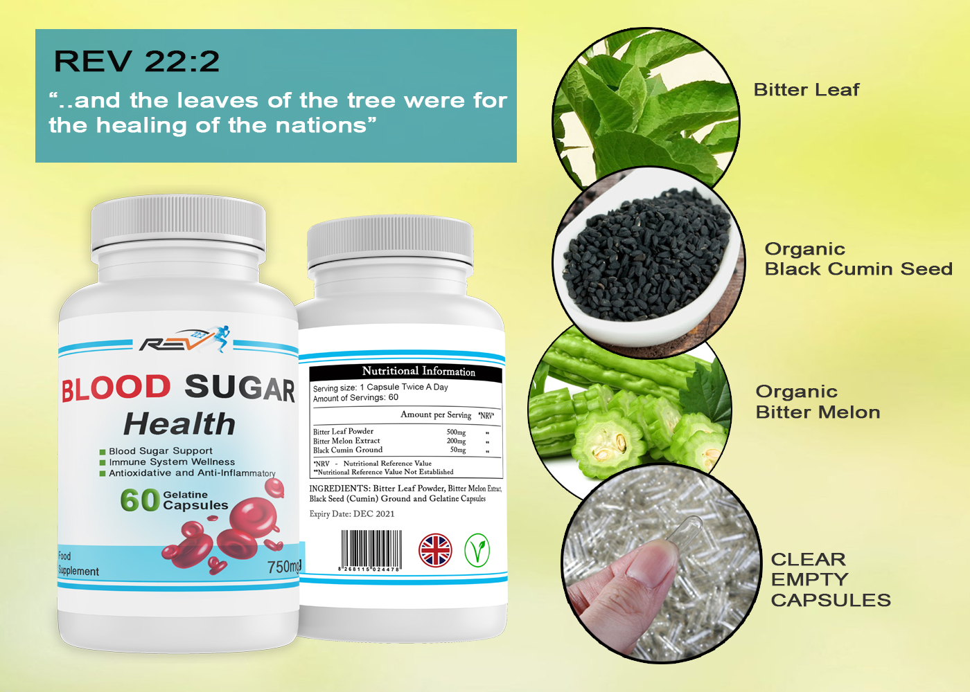 Blood Sugar Health Bitter Melon, Bitter leaf & Black seed (Cumin) 60
